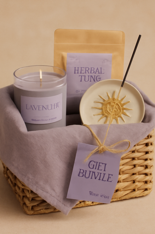 Lavender Candle, Herbal Tea, and Sun-themed Incense Gift Bundle
